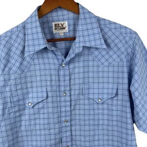 Ely Cattleman Mens Western Pearl Snap Shirt   16.5 Large/XL Blue Gingham Pocket